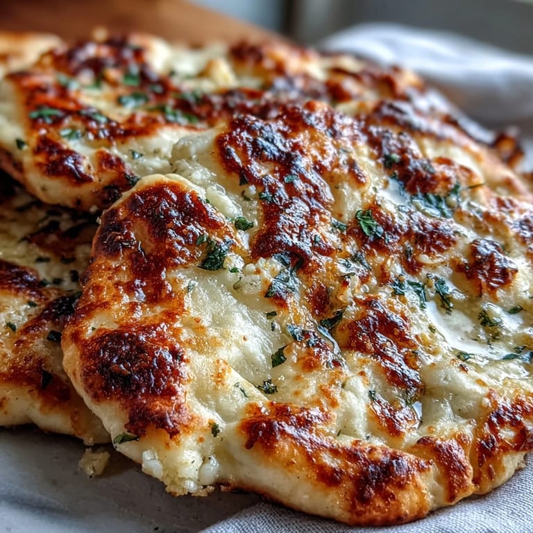Two pieces of The Best Easy Garlic Naan Bread stacked on a plate, ready to scoop up butter chicken or curry for dinner.