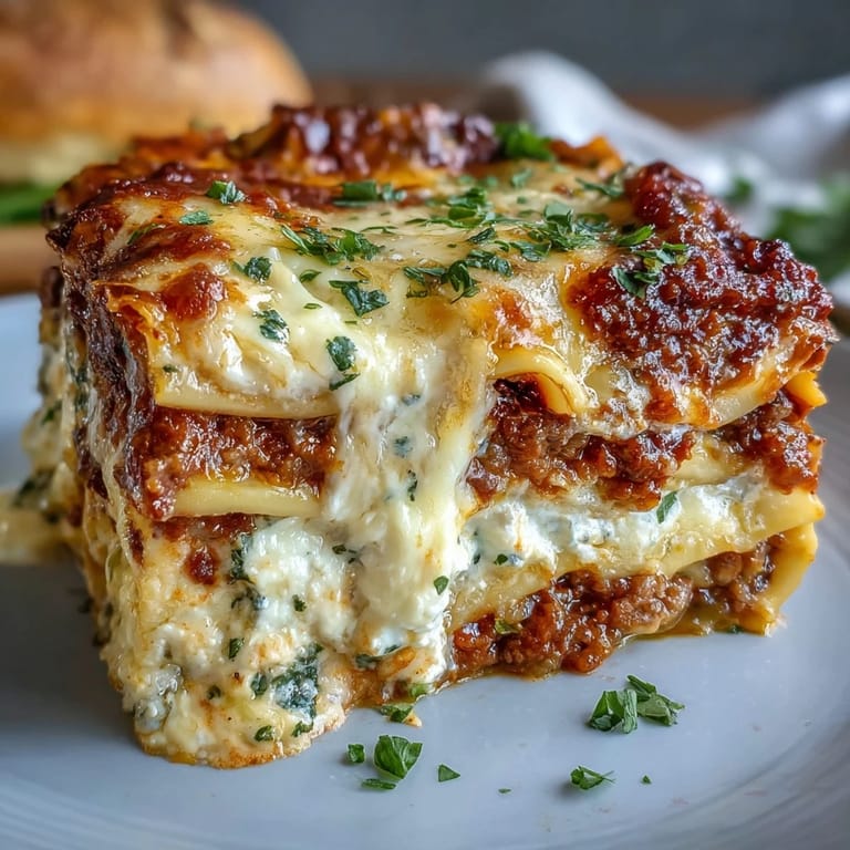 Freshly baked Worlds Best Lasagna with golden cheese crust sits beside fresh basil on a wooden table.