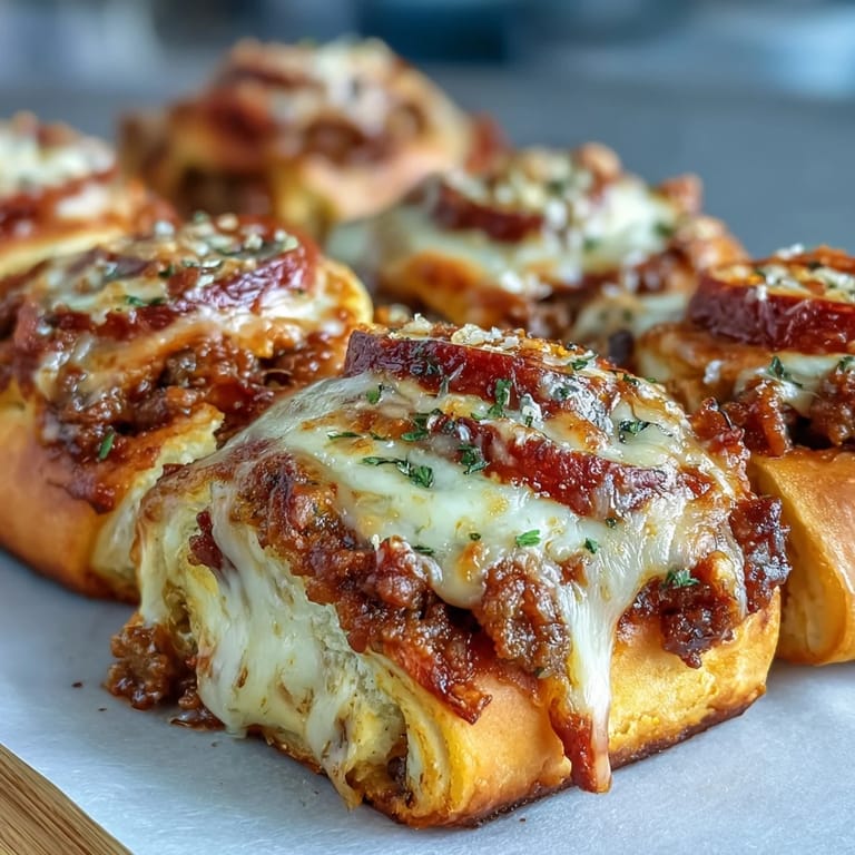 Close-up view of Irresistible High Protein Pepperoni Pizza Rolls sliced open to reveal a hearty filling of lean ground beef and melted cheese.