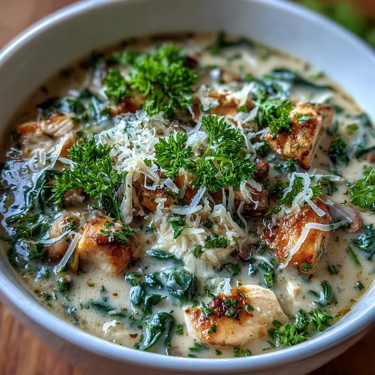 A bowl of Garlic Parmesan Chicken Soup garnished with parsley, served with crusty bread.