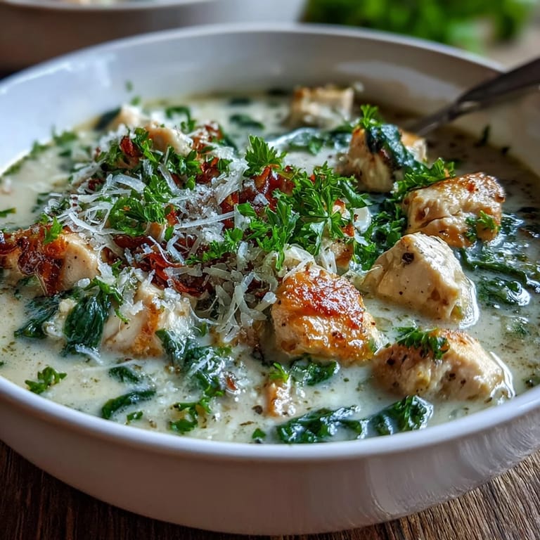 Sautéed chicken and onions simmering in a rich Garlic Parmesan Chicken Soup base.