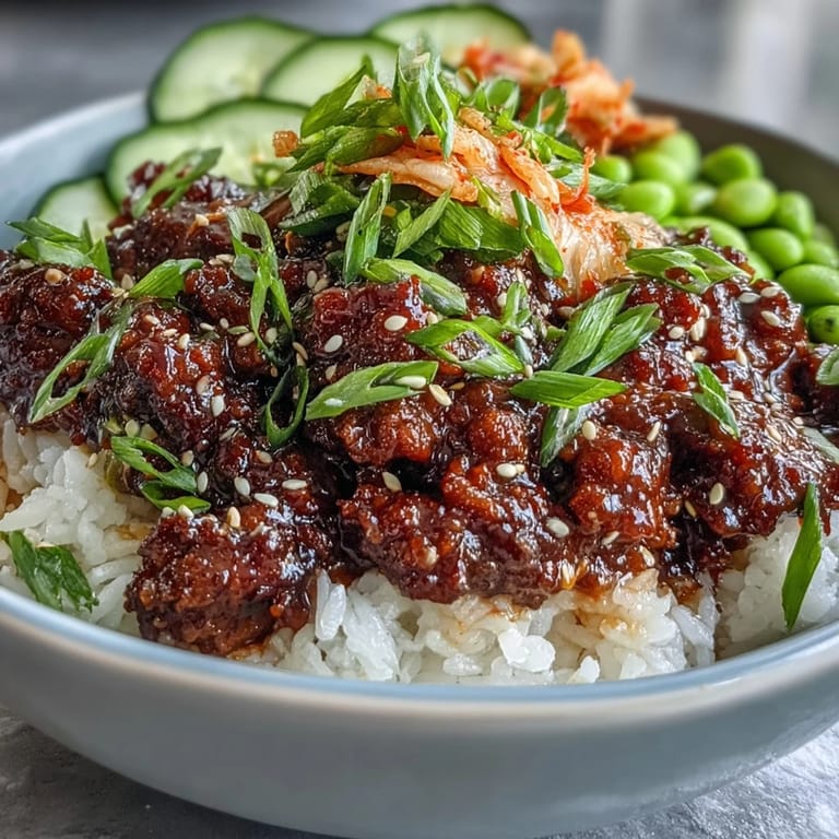 Korean ground beef bowl featuring tender ground beef glazed in spicy sauce, paired with rice and crunchy veggies.