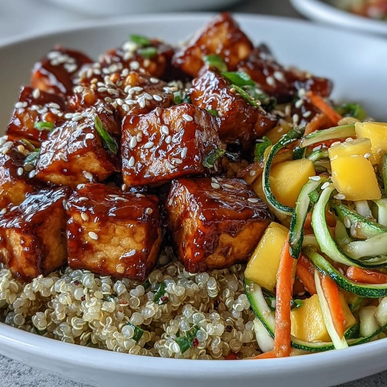 A colorful, healthy quinoa bowl with golden tofu, crunchy carrots and zucchini, and a glossy homemade gluten-free teriyaki glaze.  