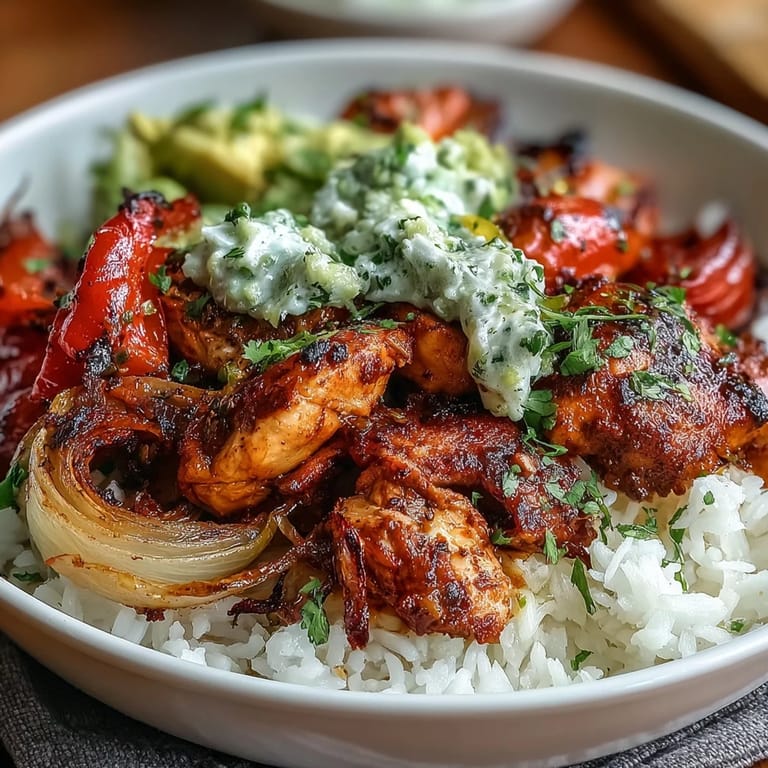 Fluffy white rice forms the base for the Sheet Pan Chicken Tinga Bowl, topped with smoky chicken, charred veggies, and a generous scoop of chunky avocado salsa.