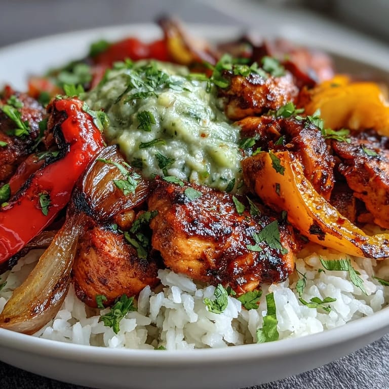A close-up of the finished Sheet Pan Chicken Tinga Bowl showcases tender chicken, crisp vegetables, fresh cilantro, and a bright lime wedge for squeezing.