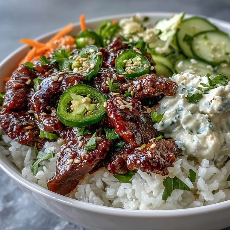 Sizzling sesame marinated beef over rice in a Korean Beef Power Bowl with pickled vegetables and creamy sriracha drizzle.