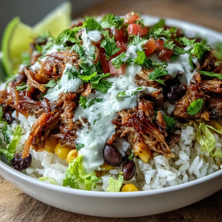 Flavorful Carnitas Burrito Bowl with golden shredded pork, colorful vegetables, and fresh cilantro garnish, served in a rustic bowl for an authentic Mexican-inspired meal.