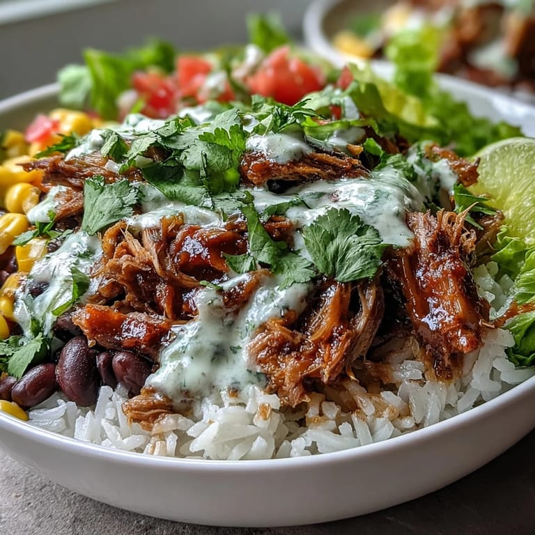 A beautifully arranged Carnitas Burrito Bowl with layers of black beans, corn, and shredded lettuce, topped with succulent carnitas and a creamy lime crema sauce.