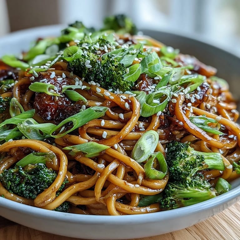Served in a ceramic bowl, Asian Teriyaki Noodle Bowl offers a hearty vegetarian meal, garnished with sesame seeds and green onions.