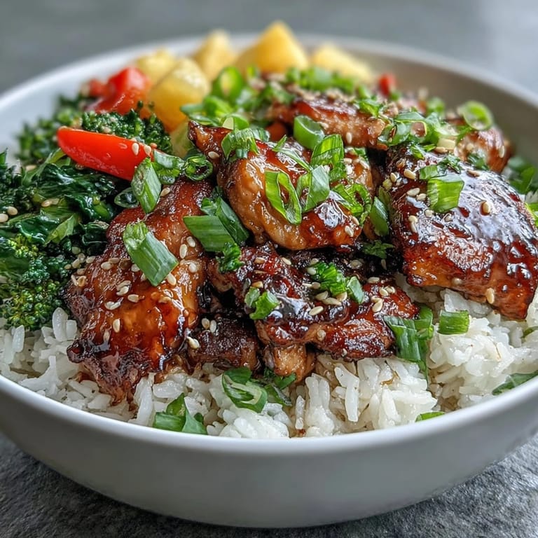 Juicy teriyaki chicken pieces and crisp vegetables sit atop steamed jasmine rice, garnished with scallions and toasted sesame seeds.
