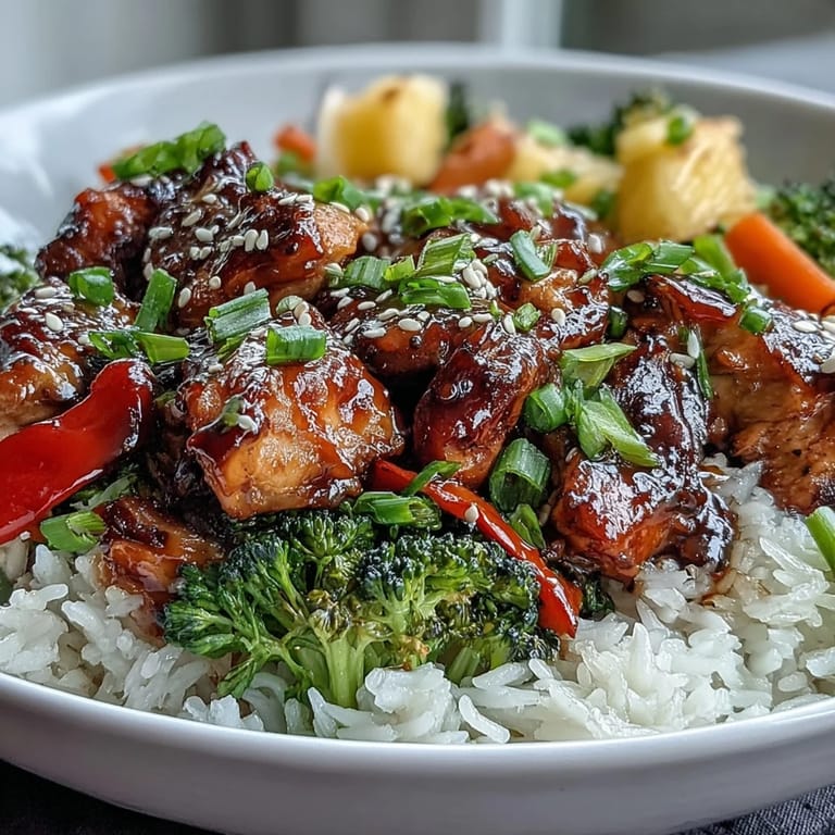 Savory-sweet teriyaki chicken bowl with fluffy rice, vibrant broccoli, carrots, and bell peppers, topped with bright diced pineapple.
