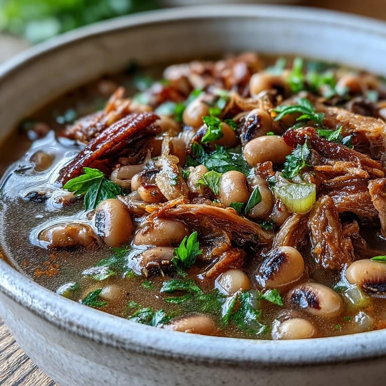 Hearty Southern Classic New Years Black-Eyed Peas cooked with smoked pork neck bones in a rustic Dutch oven, ready to serve.