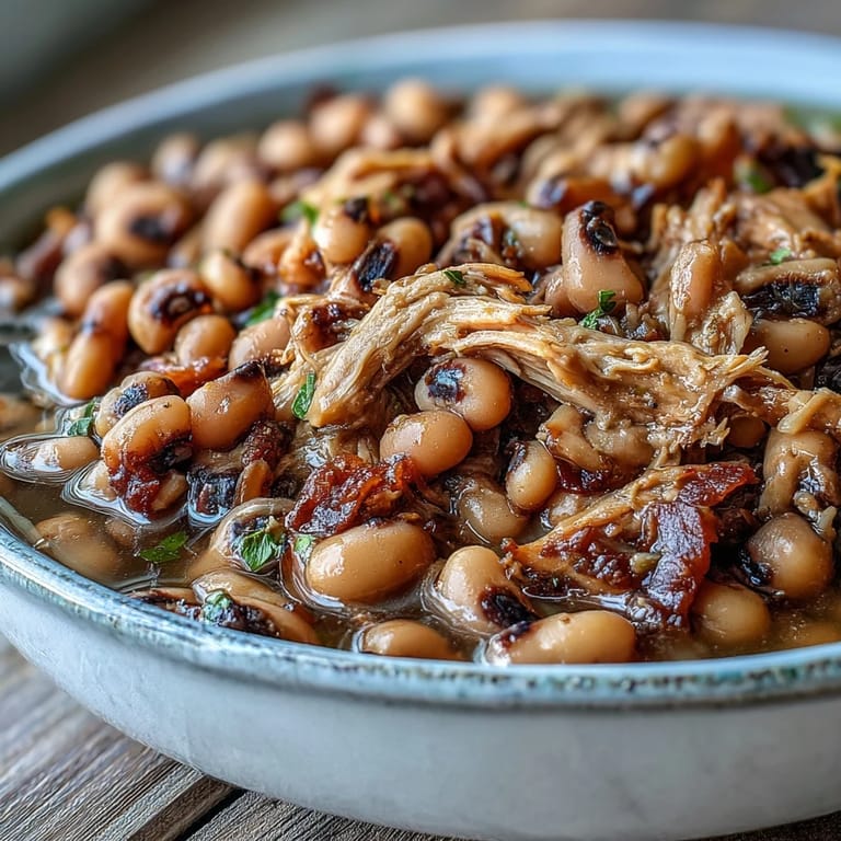 Tender Crock-Pot Black-Eyed Peas with Smoked Turkey showcasing creamy beans and shredded dark meat, a comforting Southern family meal ready from the slow cooker.
