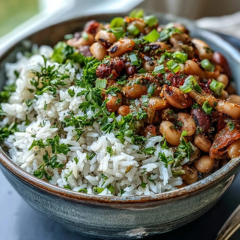Colorful vegetarian Hoppin John served over fluffy rice, topped with cilantro and green onions, with lemon wedges on the side for a bright finish.