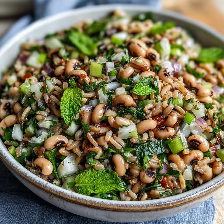 Vibrant Southern Black Eyed Pea Salad mixed with brown rice and crisp celery, served as a refreshing side dish at a sunny summer picnic gathering.