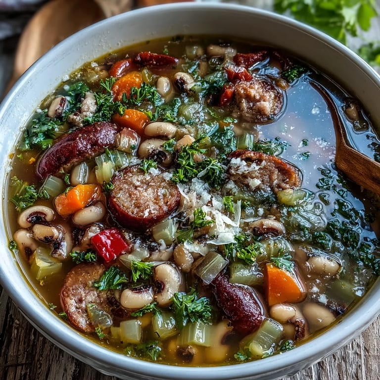 Black-Eyed Peas and Sausage Soup served in a rustic bowl with crusty bread.