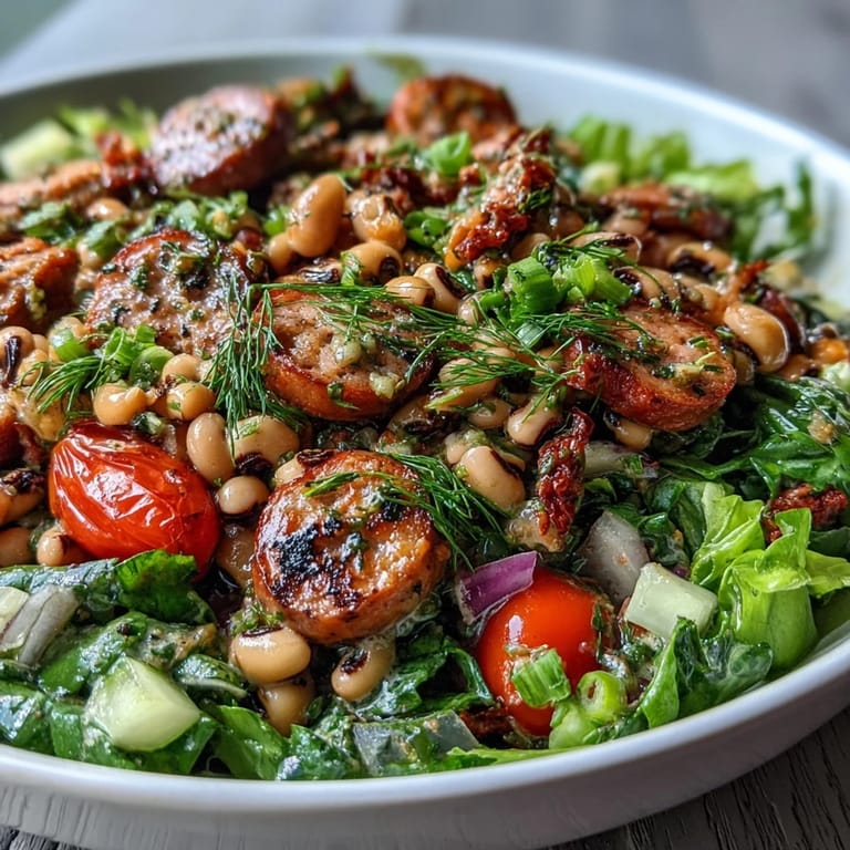 Vibrant Hoppin John Style Black-Eyed Pea Salad with turkey sausage and fresh herbs in a serving bowl, garnished with tarragon and ready to enjoy.