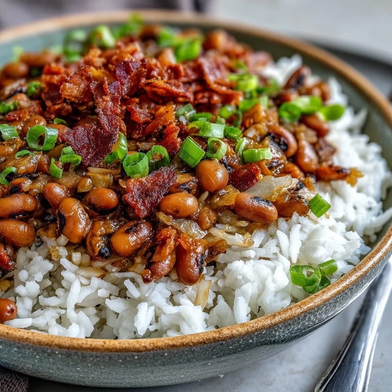 Southern Hoppin John served on rice, topped with crispy bacon, scallions, and a dash of hot sauce.