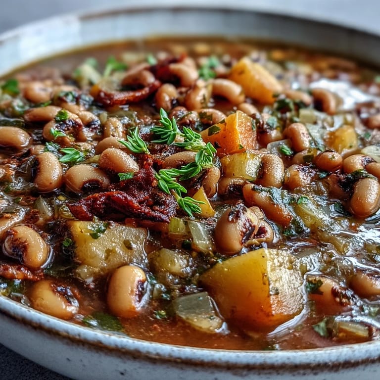 Close-up of Black-Eyed Pea Stew with Chefs Touch served in a rustic bowl, highlighting the tender legumes and colorful vegetables ready to eat.