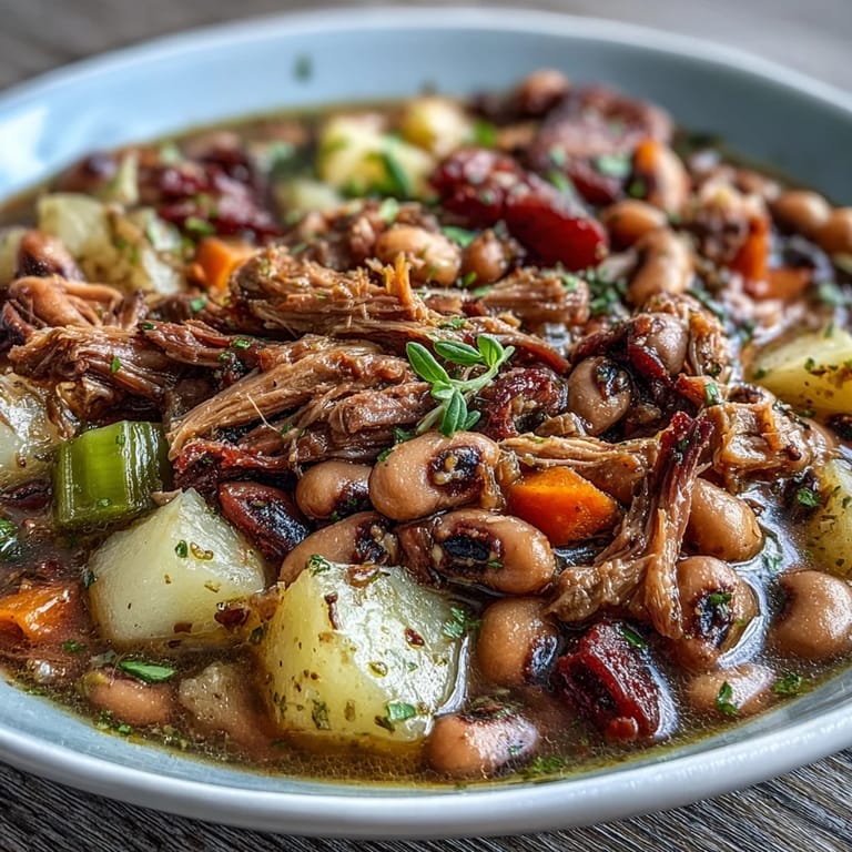 Rustic Dutch oven filled with Black-Eyed Pea Stew with Smoked Ham Hocks, bubbling with flavorful broth and hearty Southern ingredients.