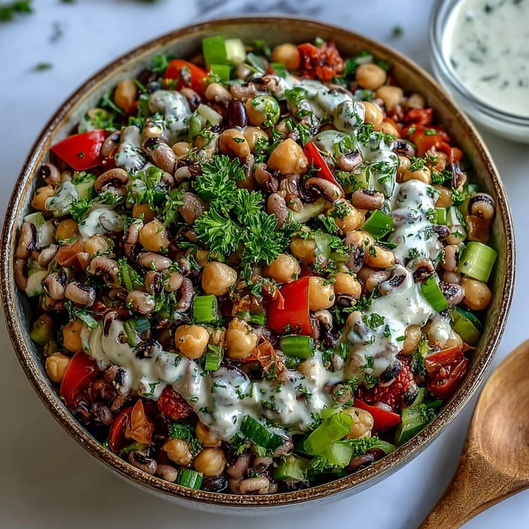 Close-up of New Years Hoppin John Salad tossed with red bell pepper and green onions, ready to eat for a festive meal.