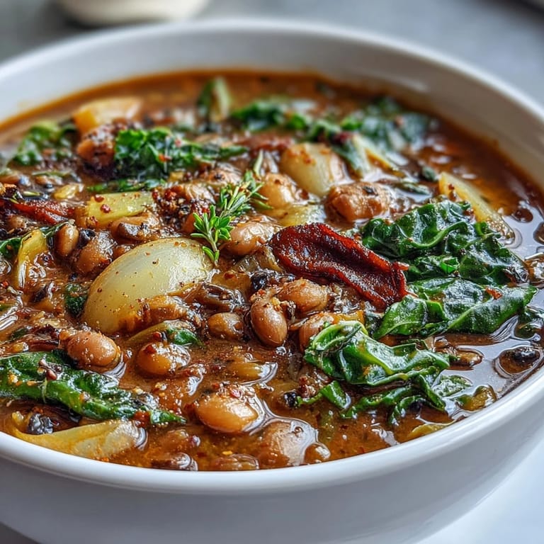 Warm bowl of soul food black-eyed pea and collard green stew, garnished with fresh herbs and cornbread.