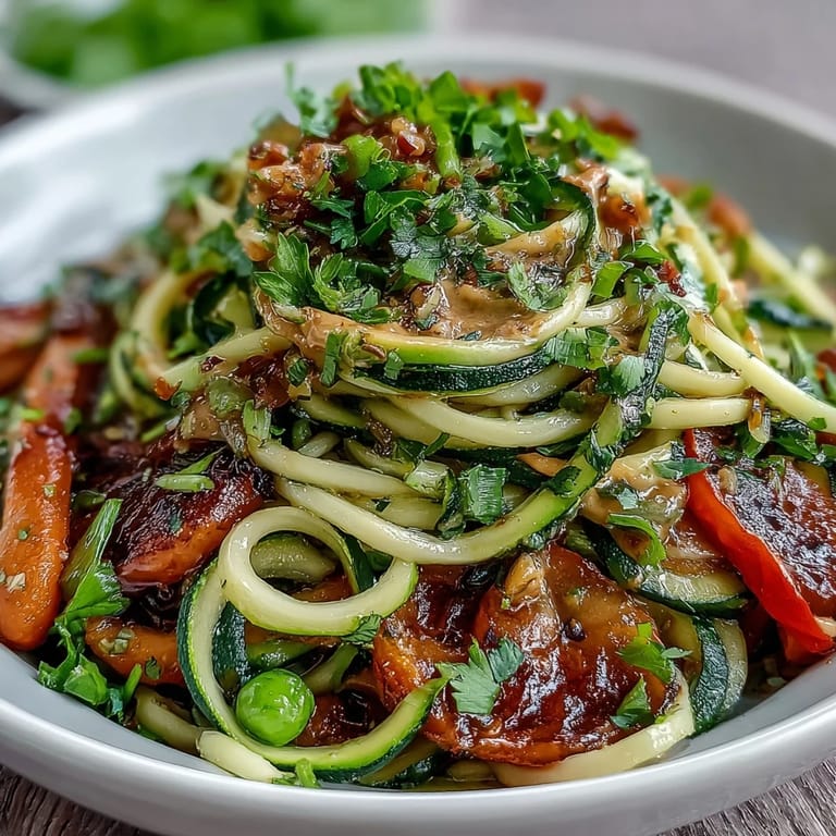 Creamy peanut sauce coats vibrant zucchini noodles and crisp vegetables in this quick, healthy stir-fry dinner.