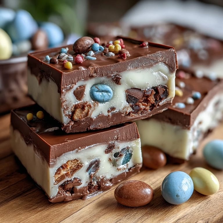 This easy Easter chocolate bark combines smooth white chocolate, marbled candy melts, and festive Cadbury eggs for a crunchy, sweet holiday snack.