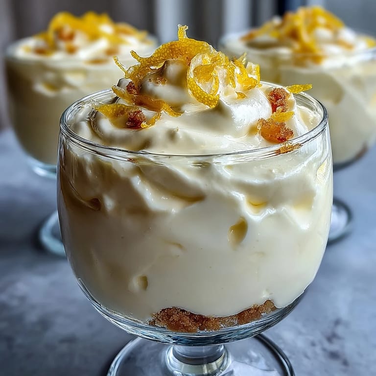 Zesty lemon mousse layered over golden shortbread crumble, topped with fresh berries for a vibrant treat.