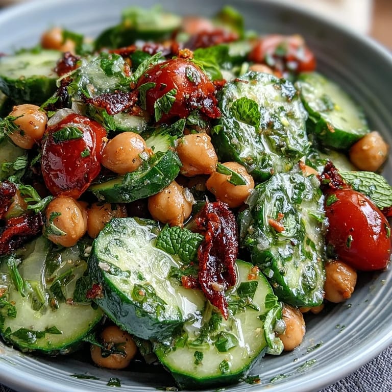 Protein-packed Cucumber Chickpea Salad with tangy lemon dressing, served in a rustic ceramic bowl with lemon slices and parsley sprigs on the side.
