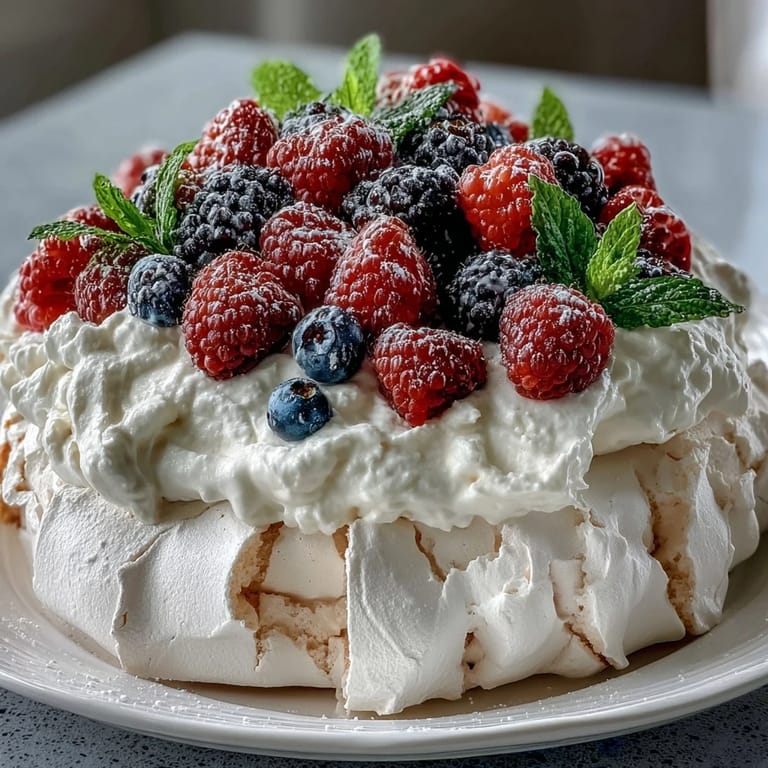 Festive Mothers Day Pavlova with Mixed Berries, featuring a marshmallowy center and vibrant fruit topping