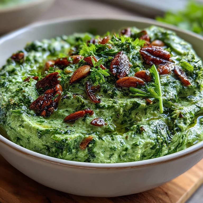 Creamy dandelion pesto with toasted pine nuts and garlic, ideal for drizzling over roasted vegetables or mixing into pasta.