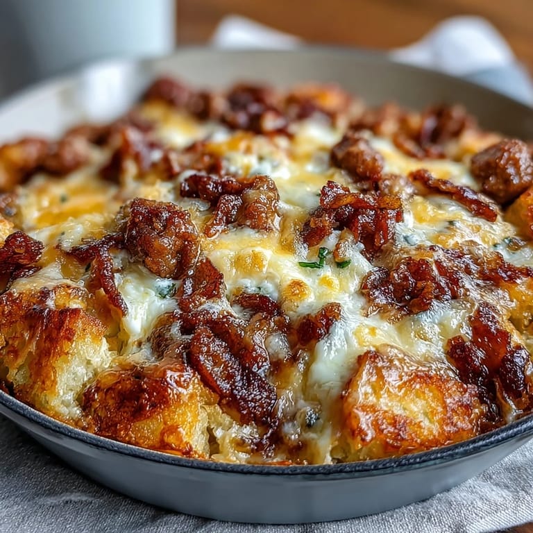 Crispy hash brown breakfast bake with fluffy eggs and melted cheddar, featuring sausage and bell peppers for a satisfying, crowd-pleasing morning meal.