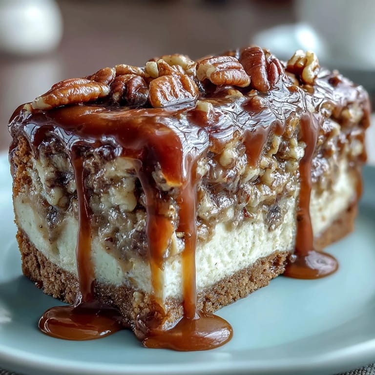 Buttery shortbread crust layered with gooey pecan filling and finished with a bourbon glaze, sliced into bars for a Southern dessert.