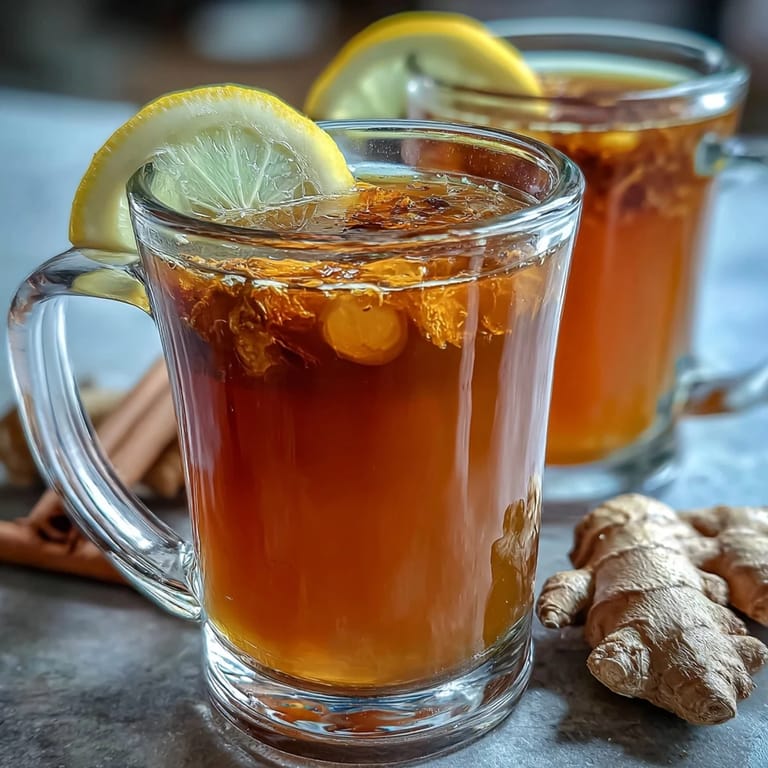 Golden-hued dandelion root tea with ginger and turmeric, served in clear glass mugs with a drizzle of honey.
