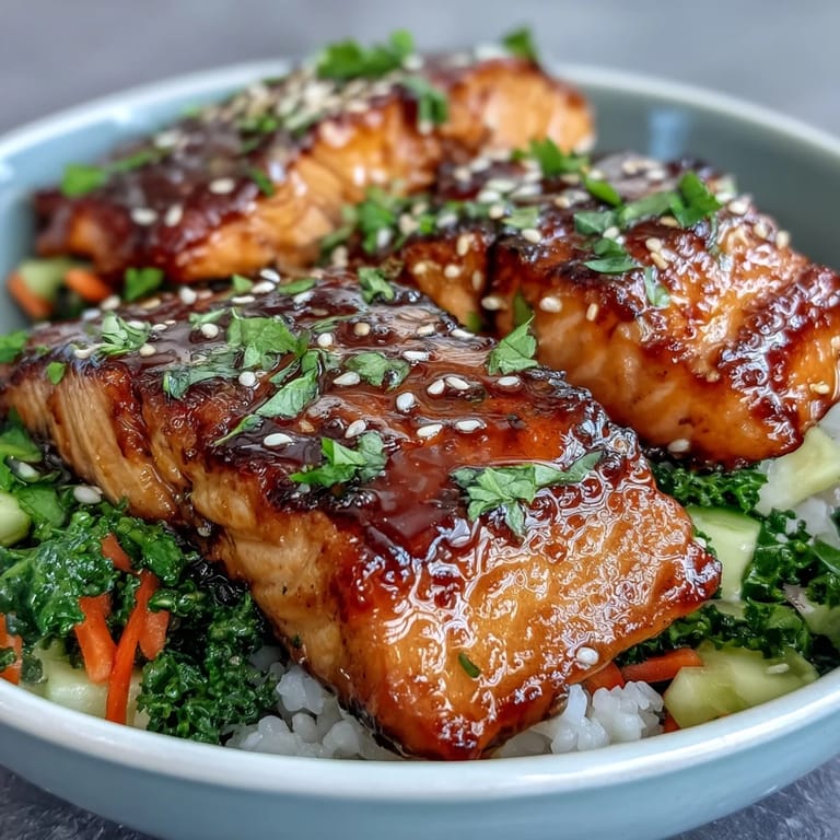 Savory teriyaki-glazed salmon fillets served over jasmine rice with fresh cucumber, carrot, and avocado slices in a vibrant bowl.
