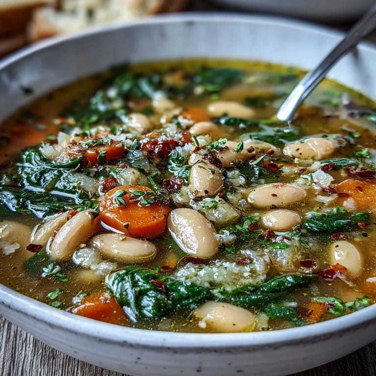 Hearty Tuscan soup with cannellini beans, tender vegetables, and baby spinach, finished with olive oil and basil.