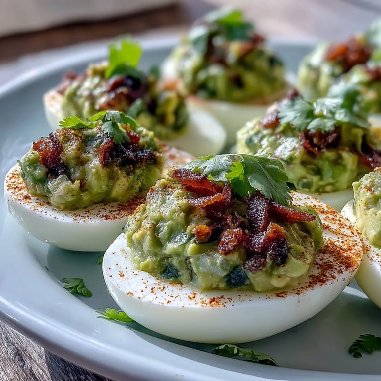 Vibrant guacamole-filled deviled eggs topped with smoked paprika and cilantro for a colorful, flavorful twist.