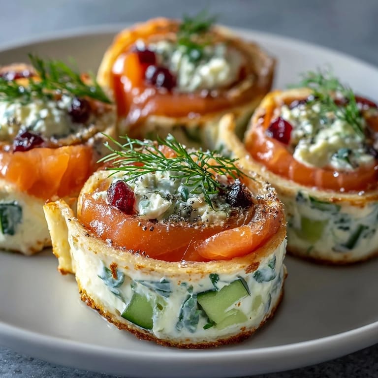 Close-up of smoked salmon pinwheels with creamy dill spread, cucumber, and flaky fish rolled in soft tortillas.
