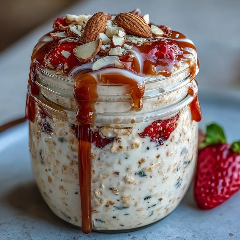Vanilla-infused overnight oats layered with diced strawberries and crunchy almonds, perfect for a refreshing and nutritious start to the day.