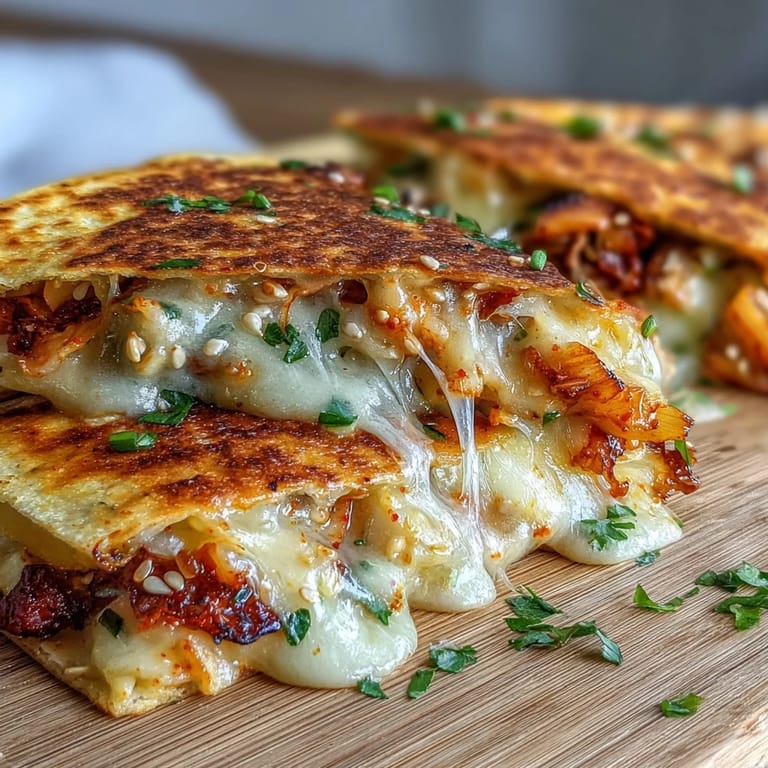Crispy kimchi quesadillas oozing with melted mozzarella and cheddar, offering a deliciously spicy twist on a classic comfort food.