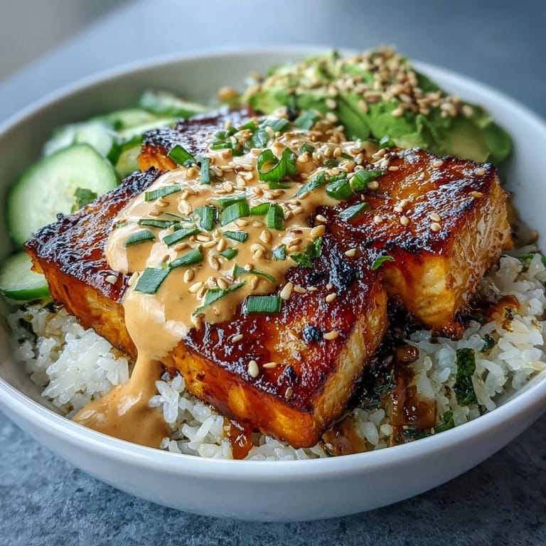Tender salmon pieces cooked to perfection, served atop warm rice and topped with a zesty spicy mayo for a flavorful, satisfying meal.