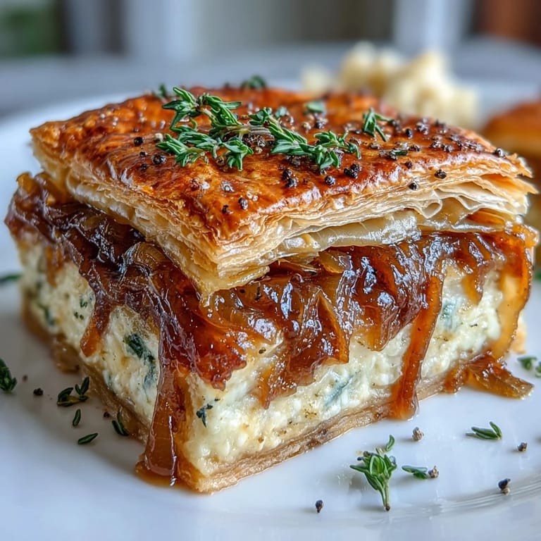 Flaky puff pastry base loaded with sweet, golden onions and nutty Gruyère, garnished with fragrant thyme leaves for a savory tart.