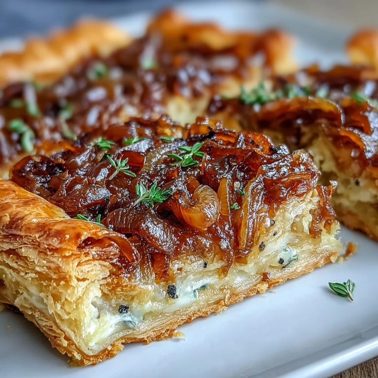 Crispy, buttery puff pastry crowned with deeply caramelized onions and rich Gruyère, finished with fresh thyme in this elegant French onion tart.
