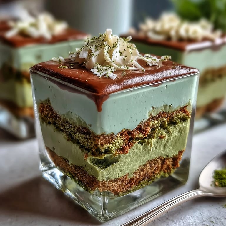 Rich Japanese matcha tiramisu featuring soft, coffee-free ladyfingers and creamy mascarpone filling, creating a light and refreshing fusion dessert.