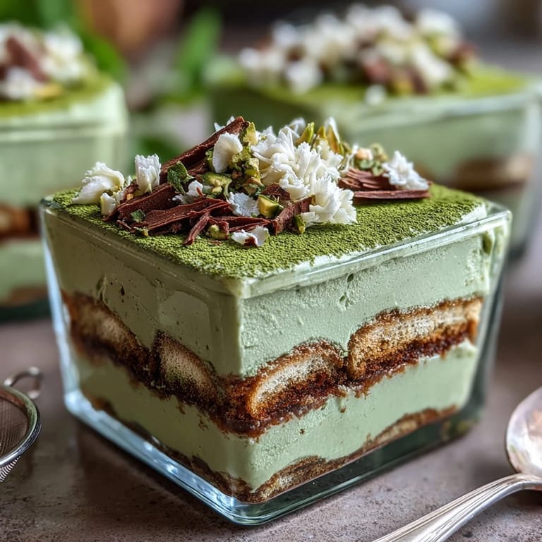 Beautifully layered matcha tiramisu with matcha-dipped ladyfingers and smooth mascarpone cream, topped with a fine dusting of green tea powder.