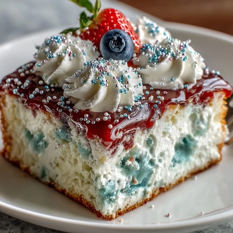 Enjoy this vibrant Memorial Day Red White Blue Poke Cake, ready to serve chilled.