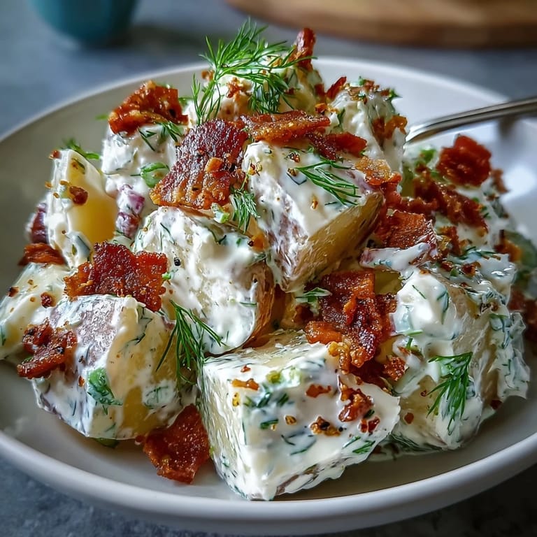 Festive potato salad, studded with crumbled bacon and bright dill, served outdoors.