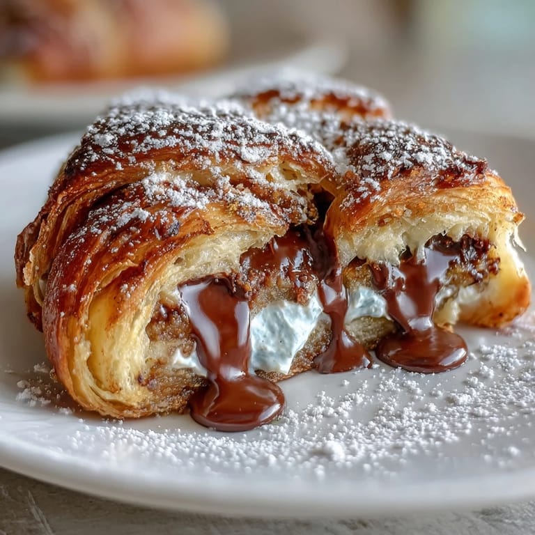 Luxurious Dubai Chocolate Pistachio Croissant French Toast dusted with powdered sugar.