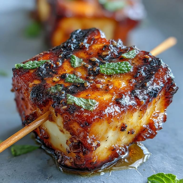Golden halloumi, juicy watermelon, and fresh mint skewers sizzling on the grill.